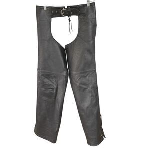Vintage Black Leather Chaps Zip Lace Up Snap Leg Utility Equestrian Cowboy Ranch